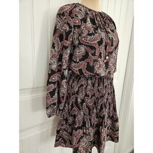 Michael Kors Paisley Pleated Blouson Dress Chiffon Sz XS Tie Keyhole Neck